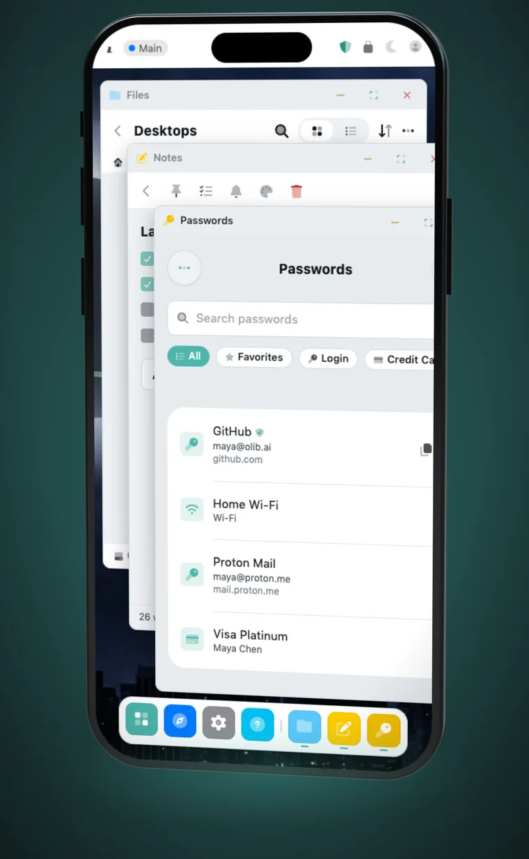 The StealthOS desktop on iPhone with Files, Notes and Passwords windows stacked above the dock