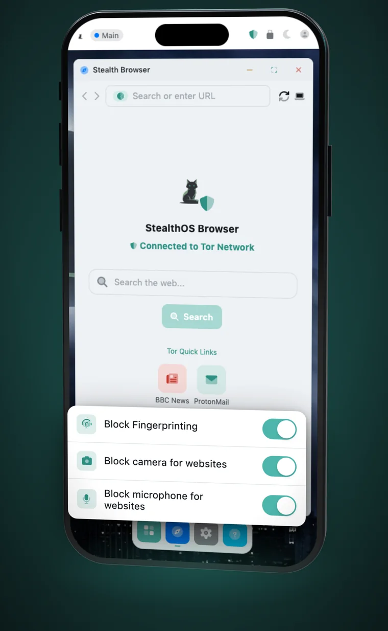 Stealth Browser connected to the Tor network, with fingerprint, camera and microphone blocking switched on