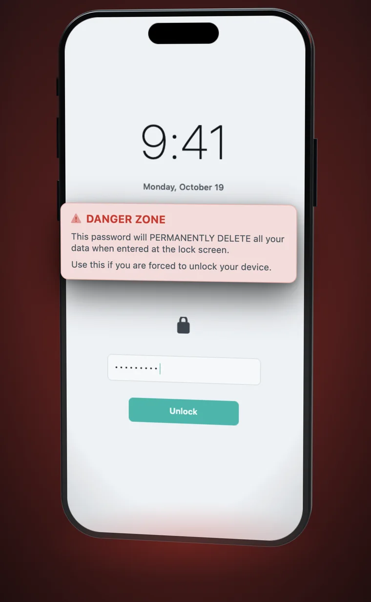 The StealthOS lock screen asking for a password, with a danger card explaining the panic password