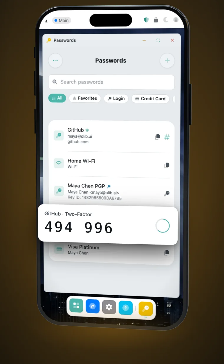 The Passwords app listing logins with a live two-factor code