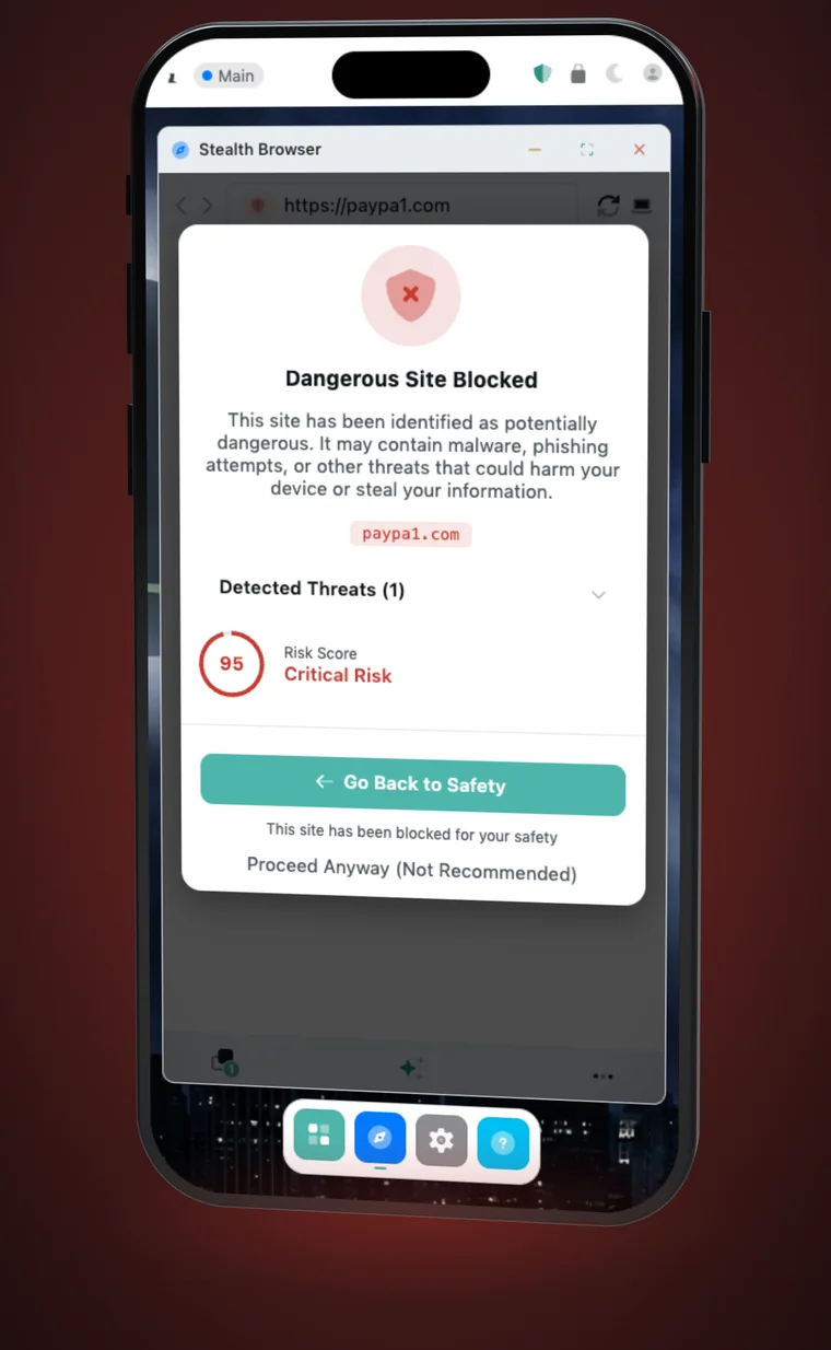 A phishing page blocked in Stealth Browser with a high risk score