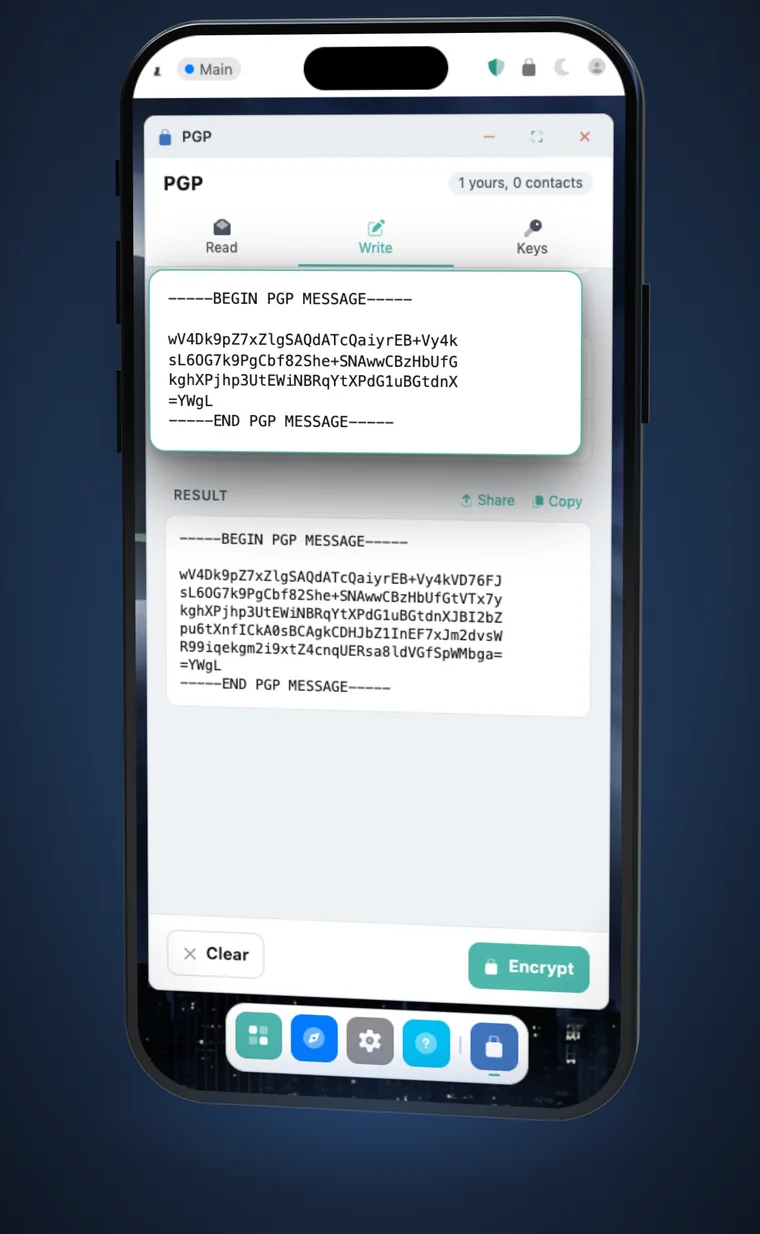 The PGP app encrypting a message for a contact