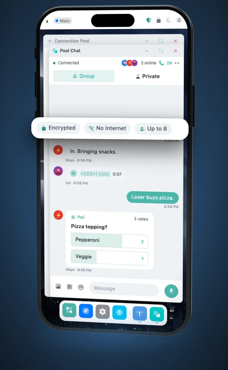 A Connection Pool chat between nearby phones with no internet connection