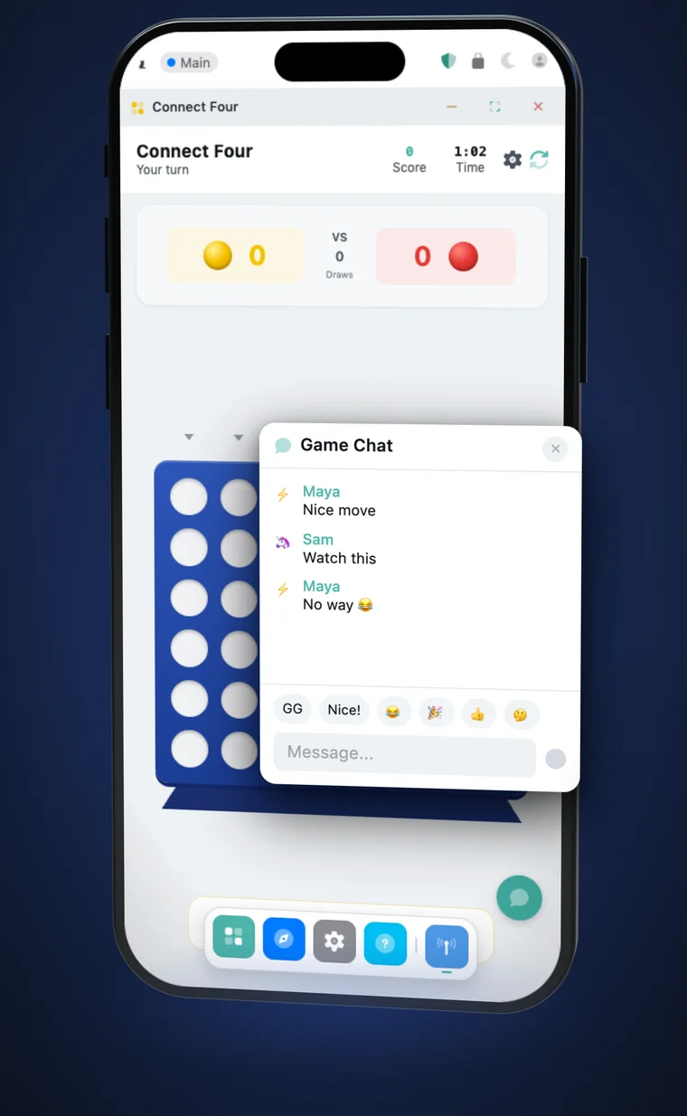 A Connect Four game between two players with in-game chat bubbles