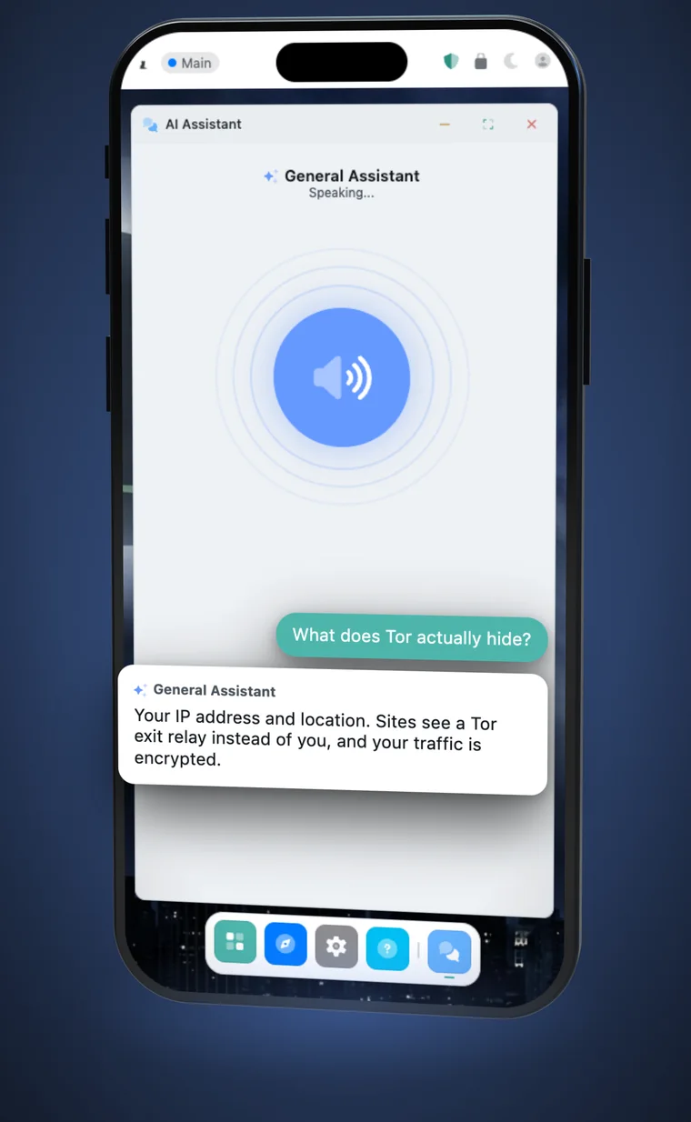 The AI assistant in voice mode on the StealthOS desktop