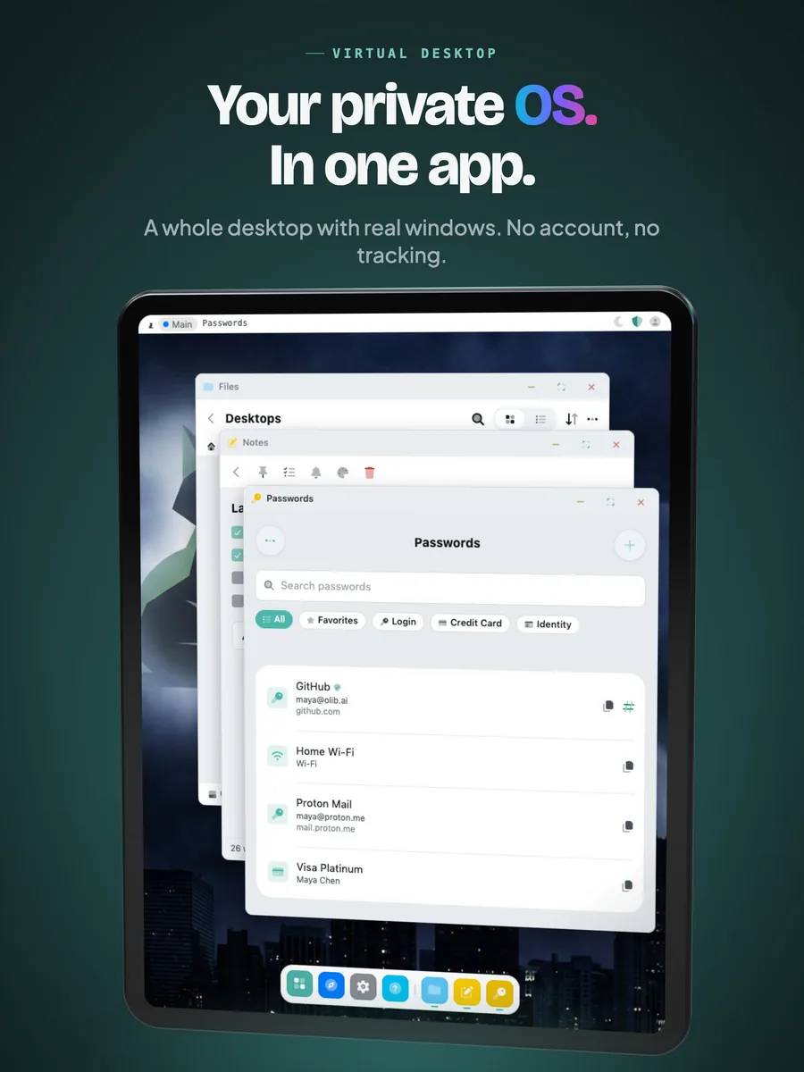 The StealthOS desktop on iPad with several app windows open